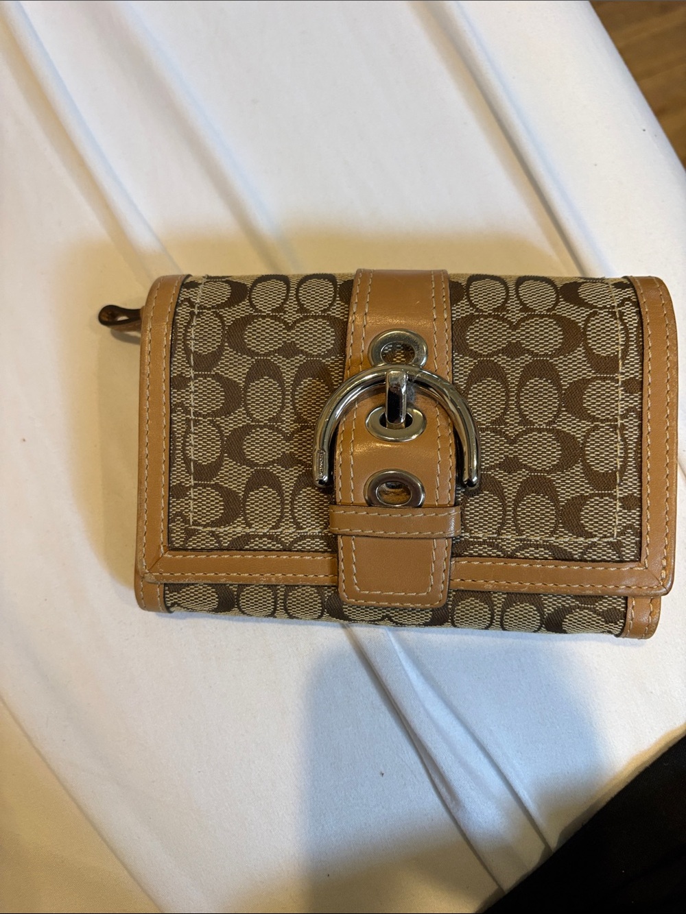 Coach Signature Canvas Wallet with Tan Leather Trim and Silver Hardware
